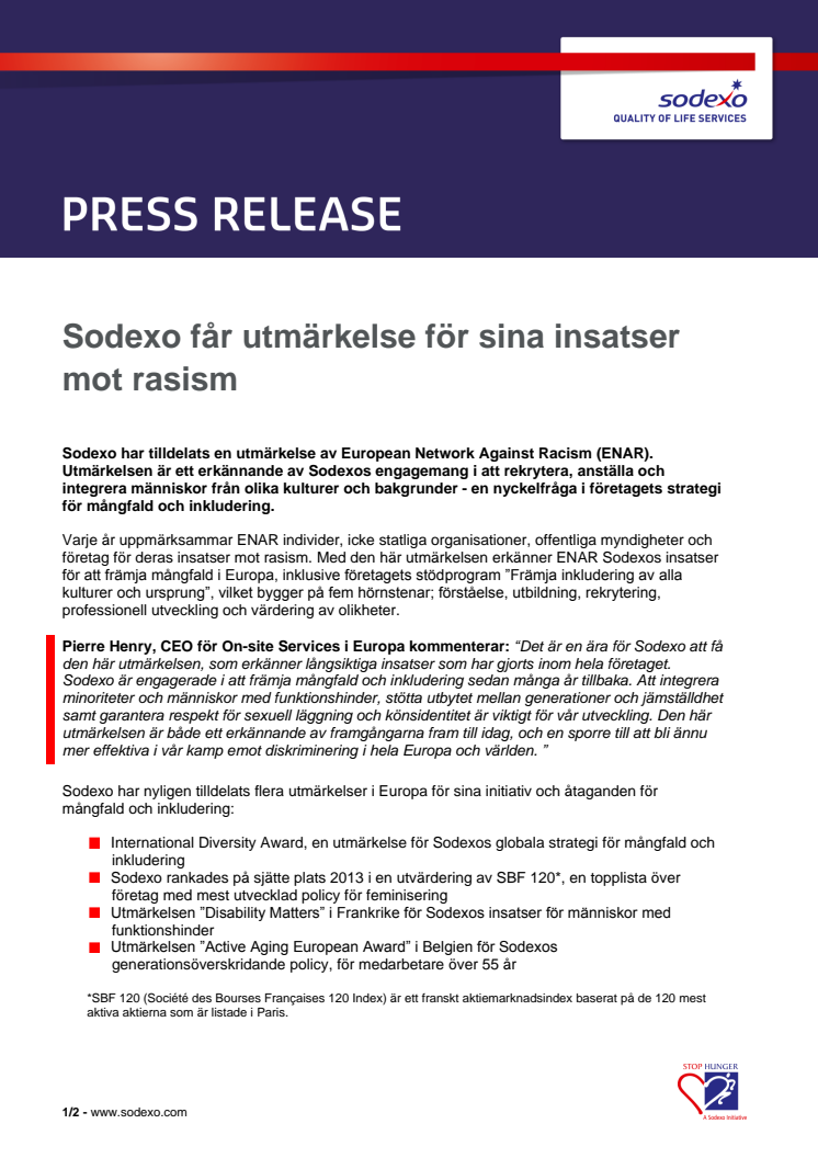 Sodexo får utmärkelse för sina insatser mot rasism