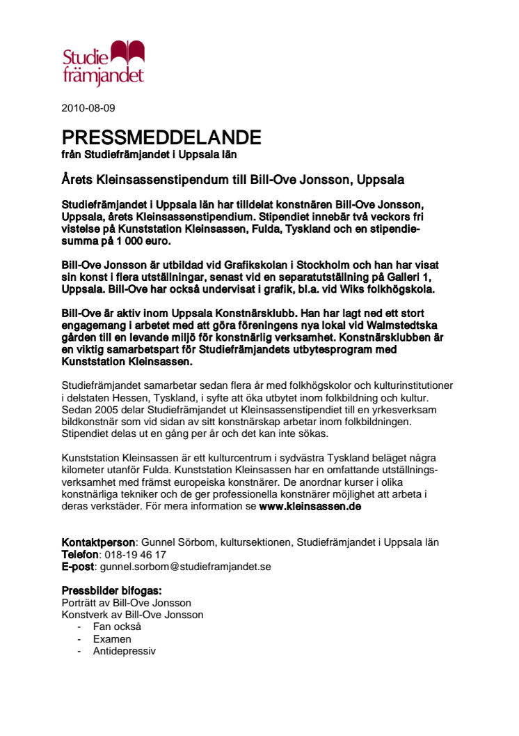 Årets Kleinsassenstipendum till Bill-Ove Jonsson, Uppsala