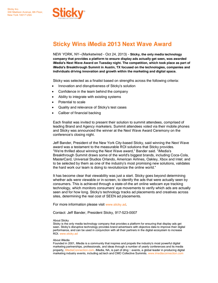 Sticky Wins iMedia 2013 Next Wave Award