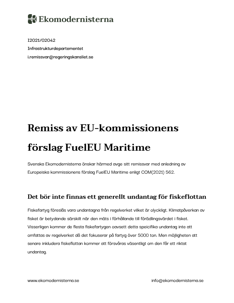 Svenska Ekomodernisternas remissvar av EU-kommissionens förslag FuelEU Maritime