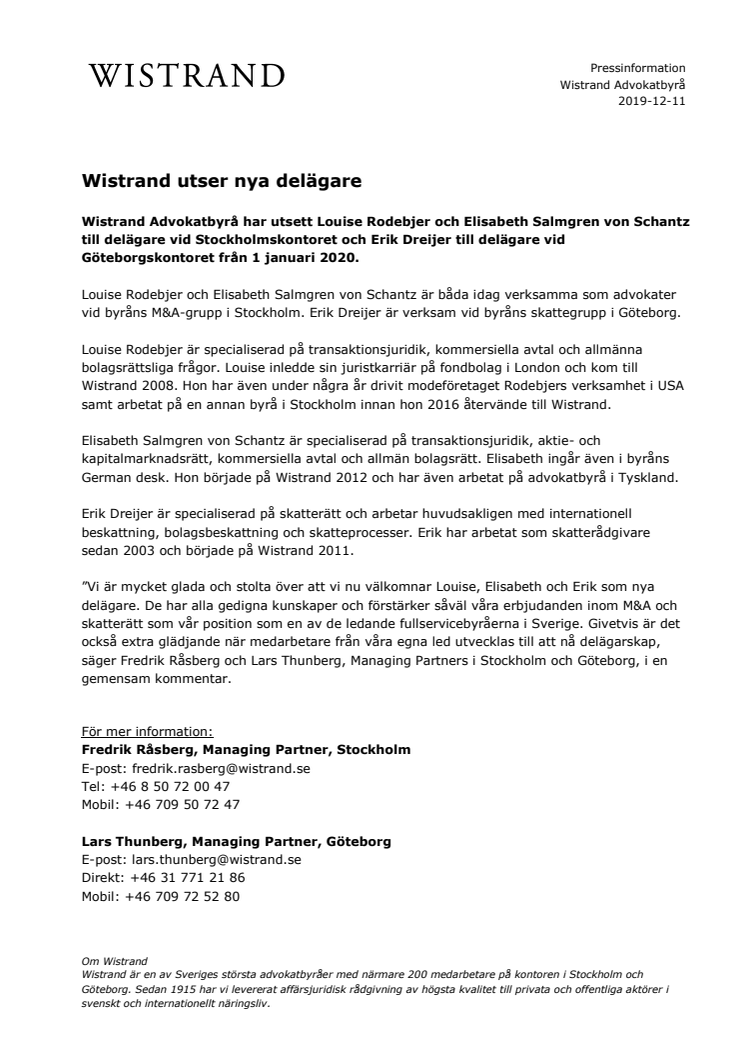 ​Wistrand utser nya delägare