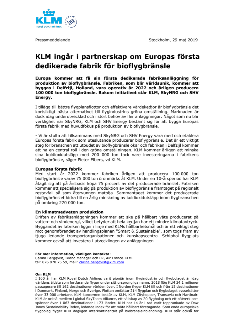 KLM ingår i partnerskap om Europas första dedikerade fabrik för bioflygbränsle