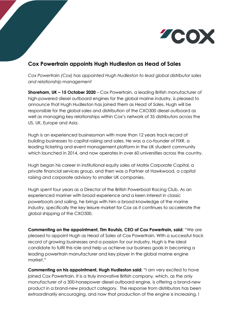 Cox Powertrain appoints Hugh Hudleston as Head of Sales 