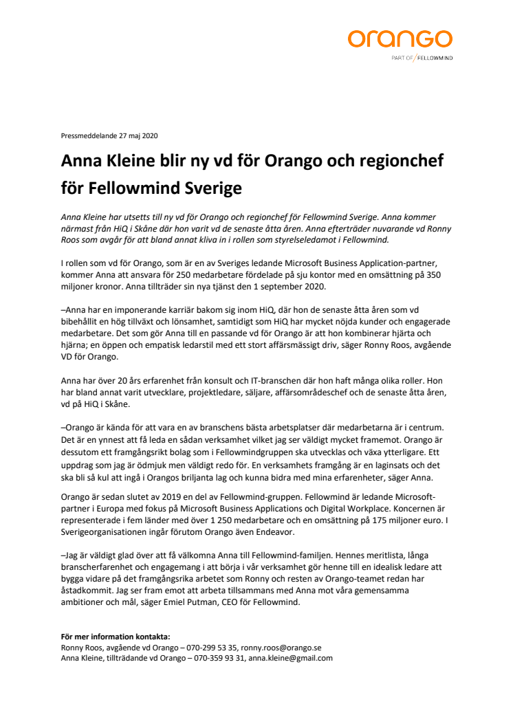 Anna Kleine blir ny vd för Orango och regionchef för Fellowmind Sverige