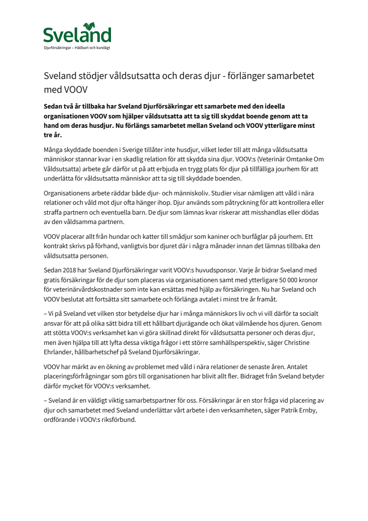 Sveland stödjer våldsutsatta och deras djur - förlänger samarbetet med VOOV