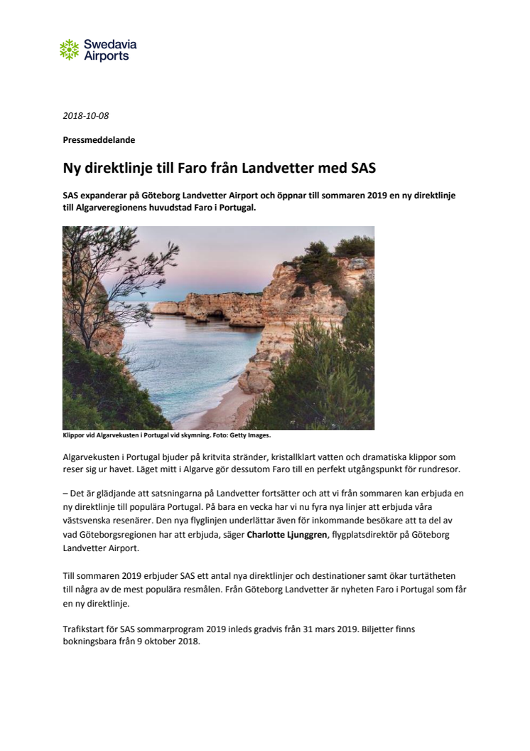 Ny direktlinje till Faro från Landvetter med SAS