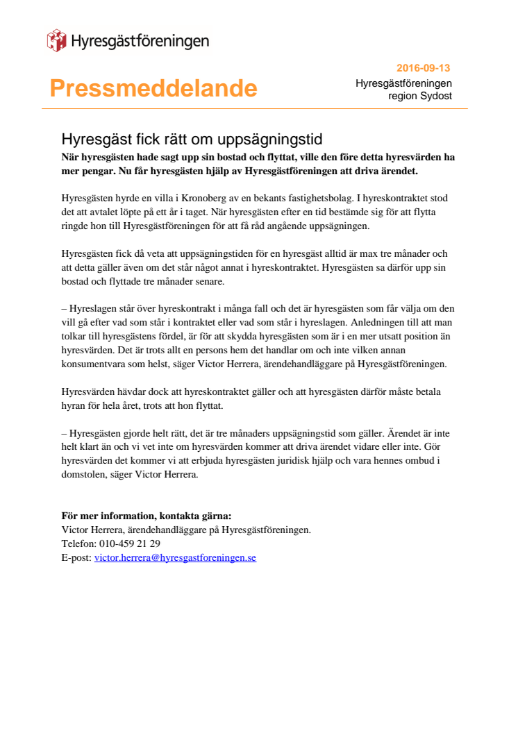 Hyresgäst fick rätt om uppsägningstid