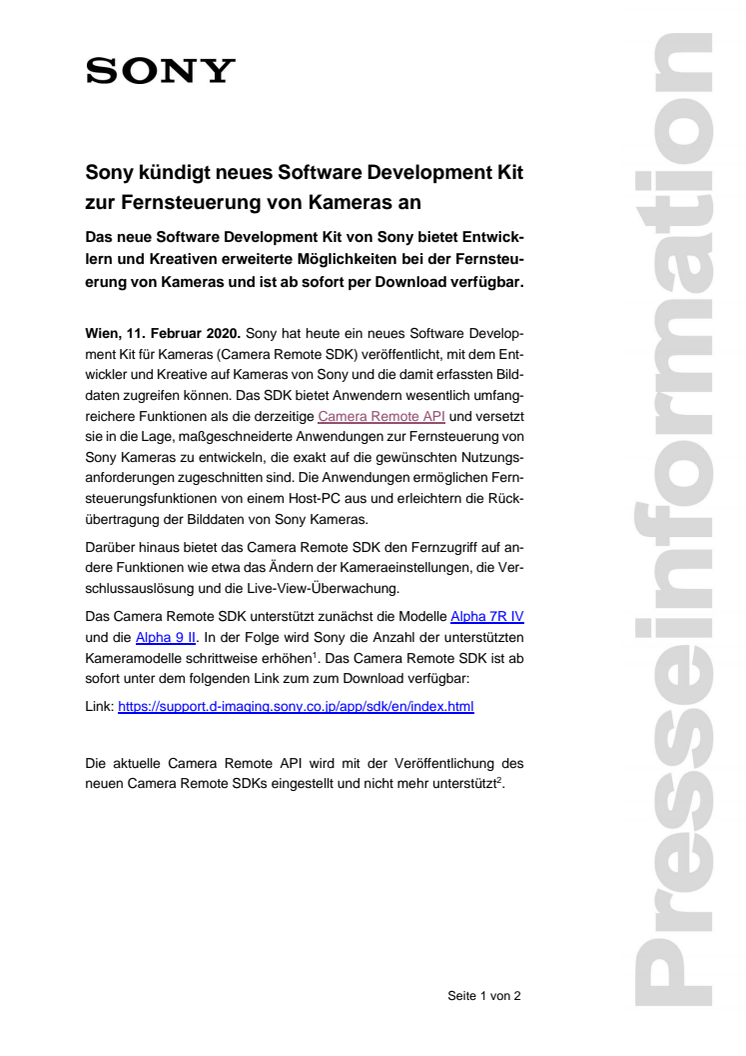 Sony kündigt neues Software Development Kit zur Fernsteuerung von Kameras an