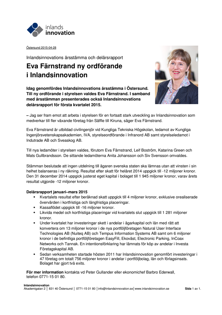 Inlandsinnovations årsstämma och delårsrapport: Eva Färnstrand ny ordförande i Inlandsinnovation