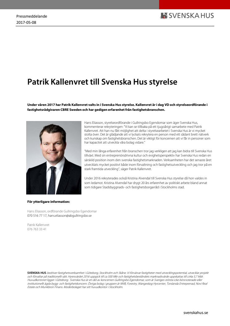 Patrik Kallenvret till Svenska Hus styrelse