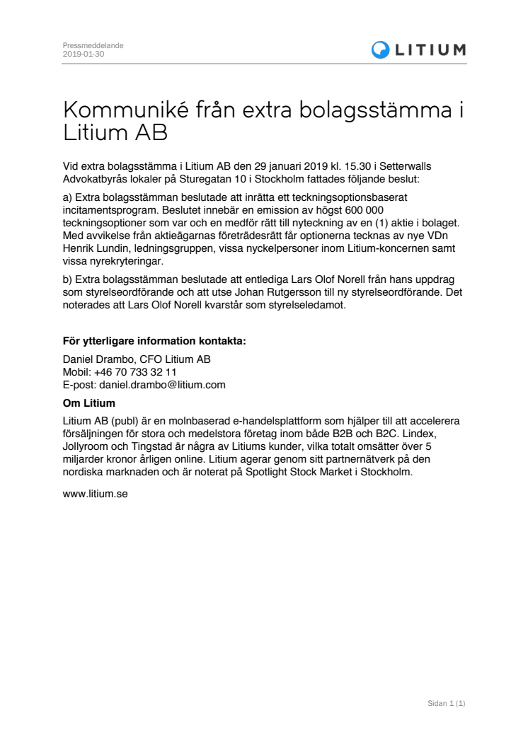 Kommuniké från extra bolagsstämma i Litium AB