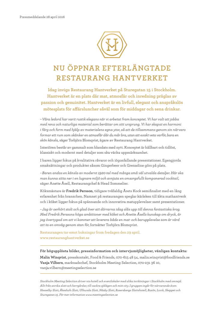 Nu öppnar efterlängtade Restaurang Hantverket  