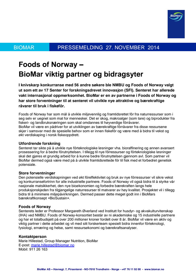 Foods of Norway – BioMar viktig partner og bidragsyter