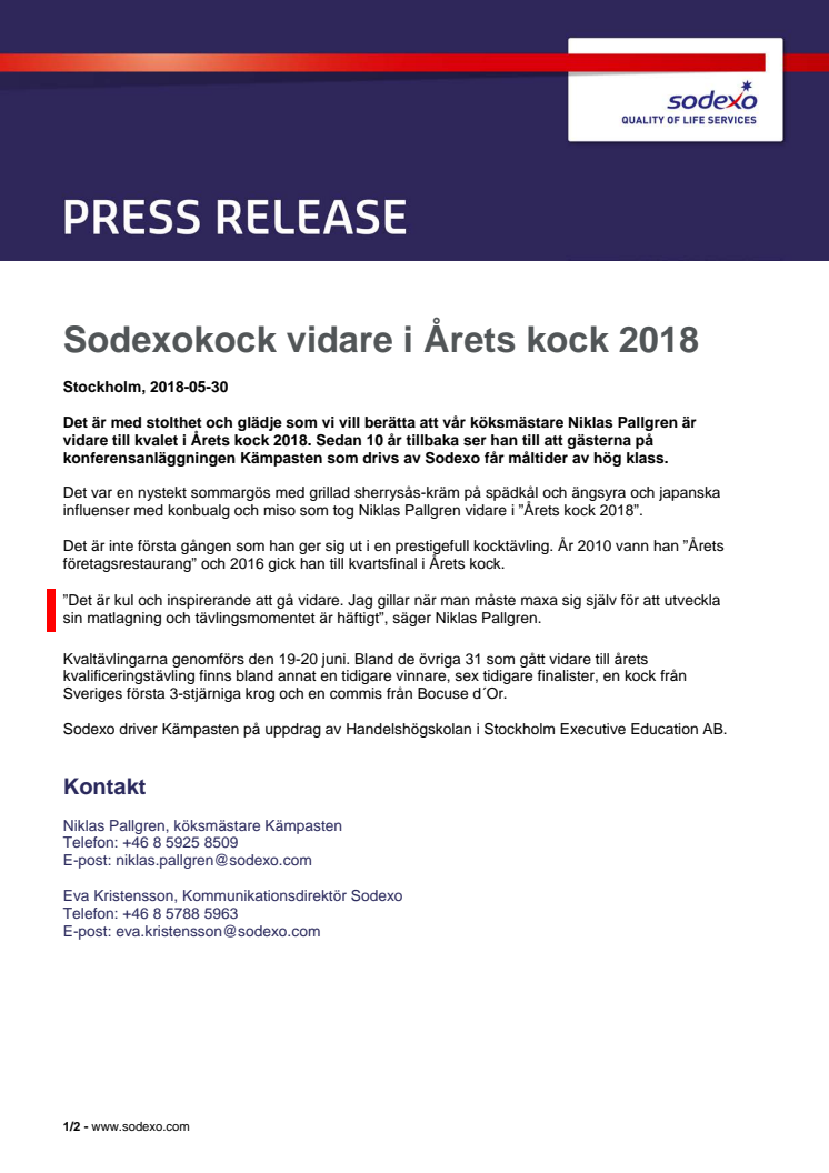 Sodexokock vidare i Årets kock 2018