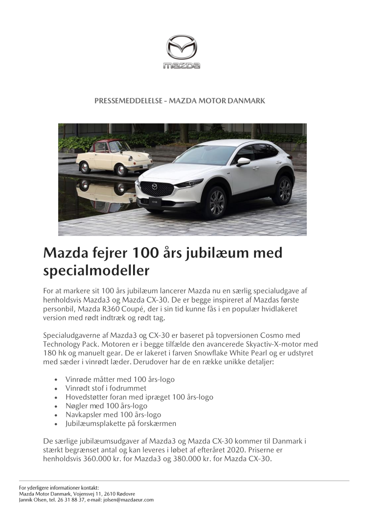 Mazda fejrer 100 års jubilæum med specialmodeller