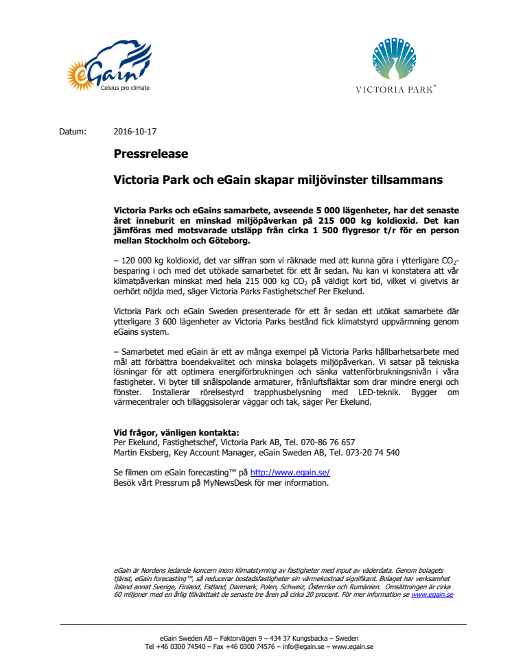 Victoria Park och eGain skapar miljövinster tillsammans