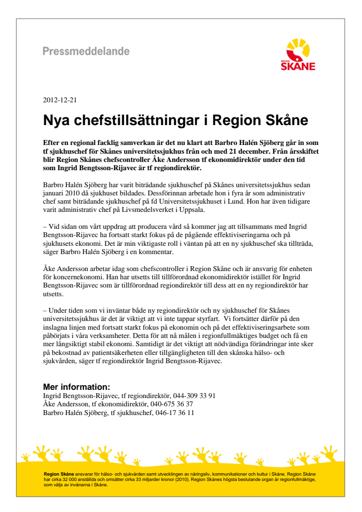Nya chefstillsättningar i Region Skåne