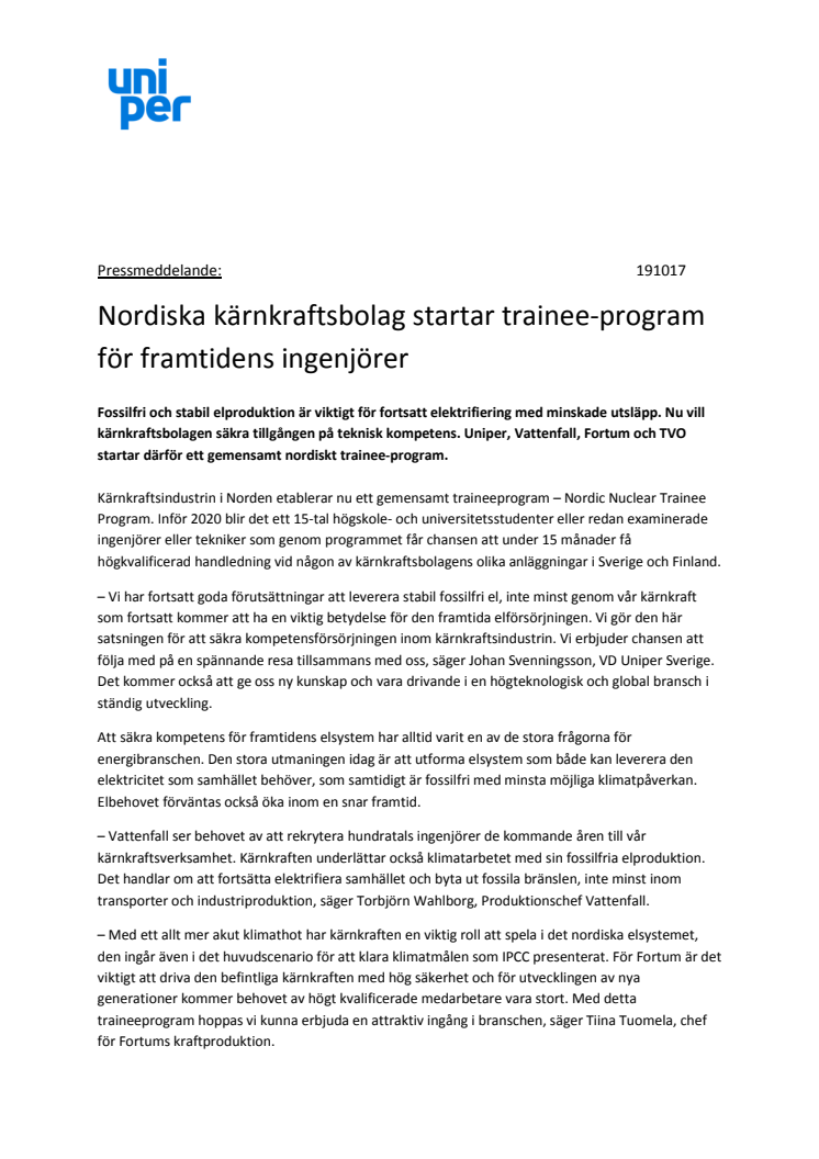 Nordiska kärnkraftsbolag startar trainee-program för framtidens ingenjörer