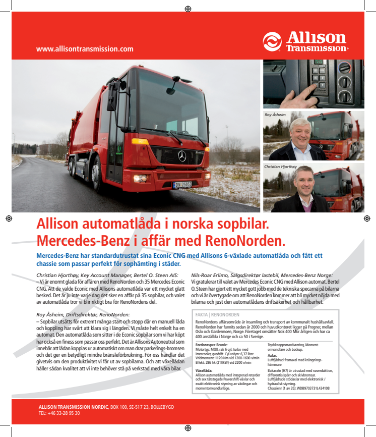 Allison automatlåda i norska sopbilar. Mercedes-Benz i affär med RenoNorden.
