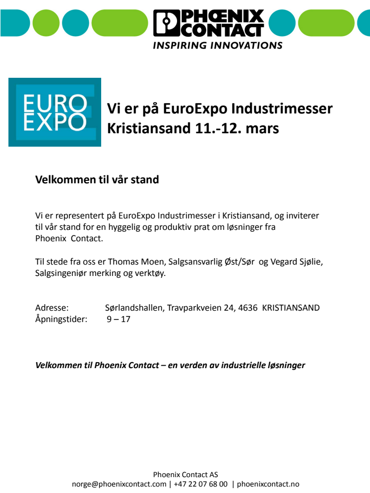Vi er på EuroExpo Industrimesser Kristiansand 11.-12. mars 
