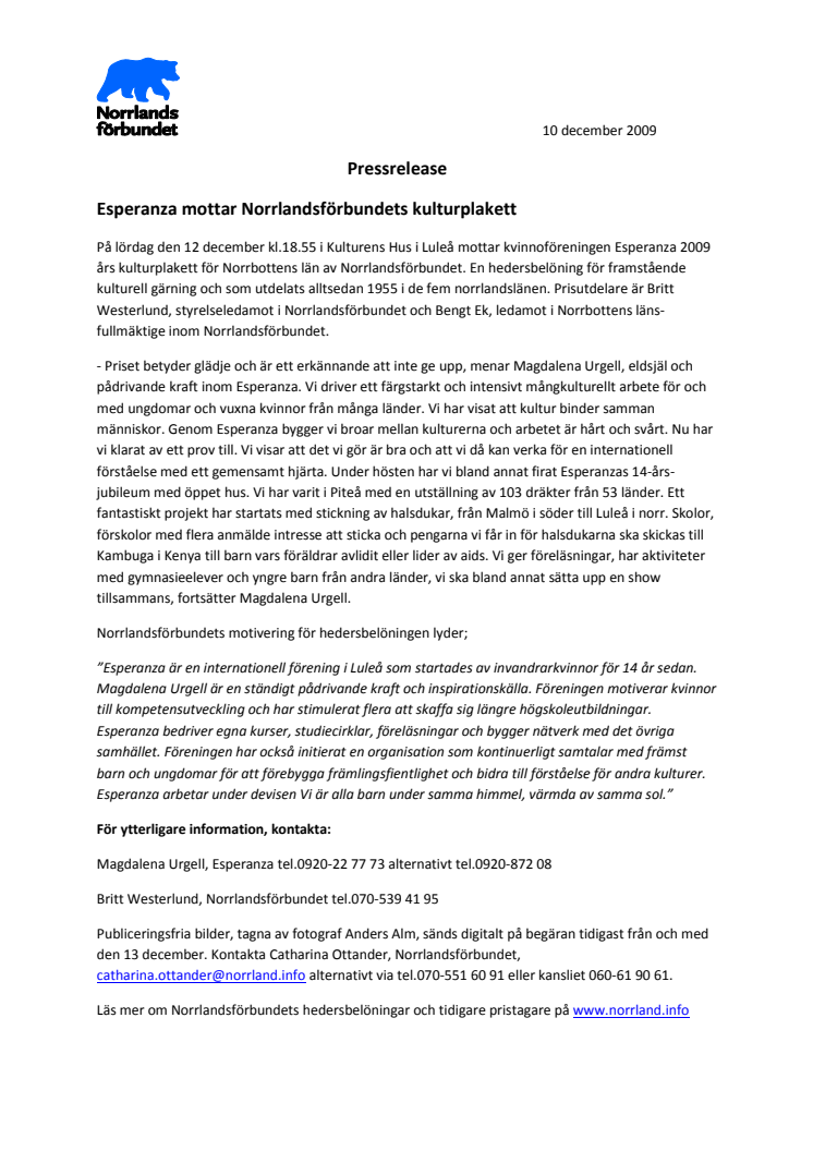 Esperanza mottar Norrlandsförbundets kulturplakett