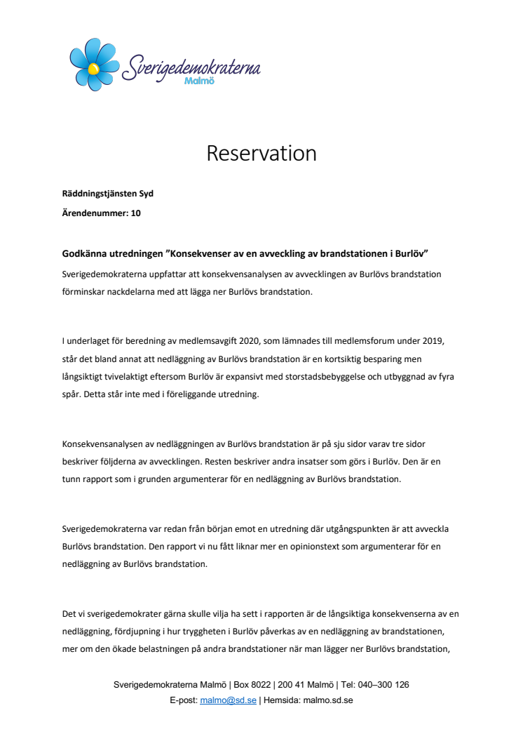 SD underkänner utredning om avveckling av Burlövs brandstation