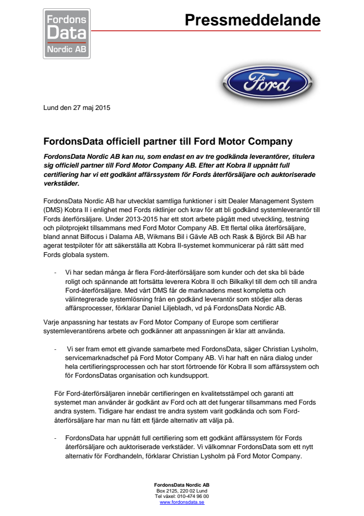 FordonsData officiell partner till Ford Motor Company