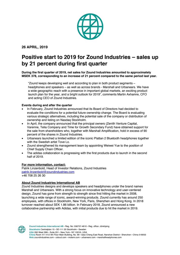 Positive start to 2019 for Zound Industries – sales up by 21 percent during first quarter
