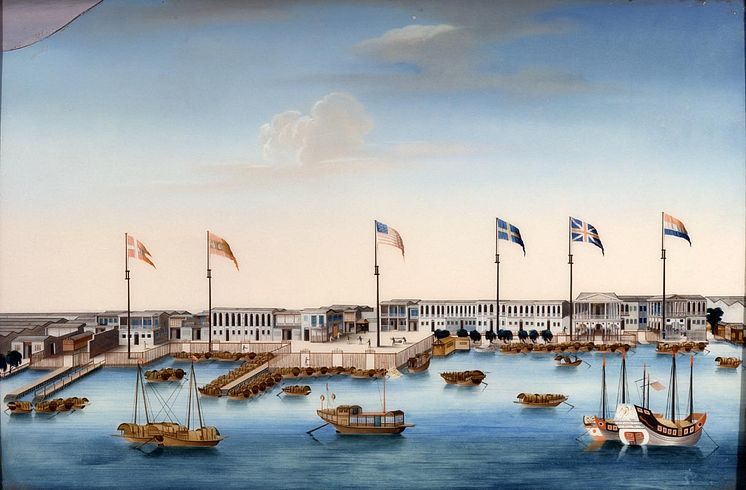 Canton Harbor and Factories with Foreign Flags, c. 1805