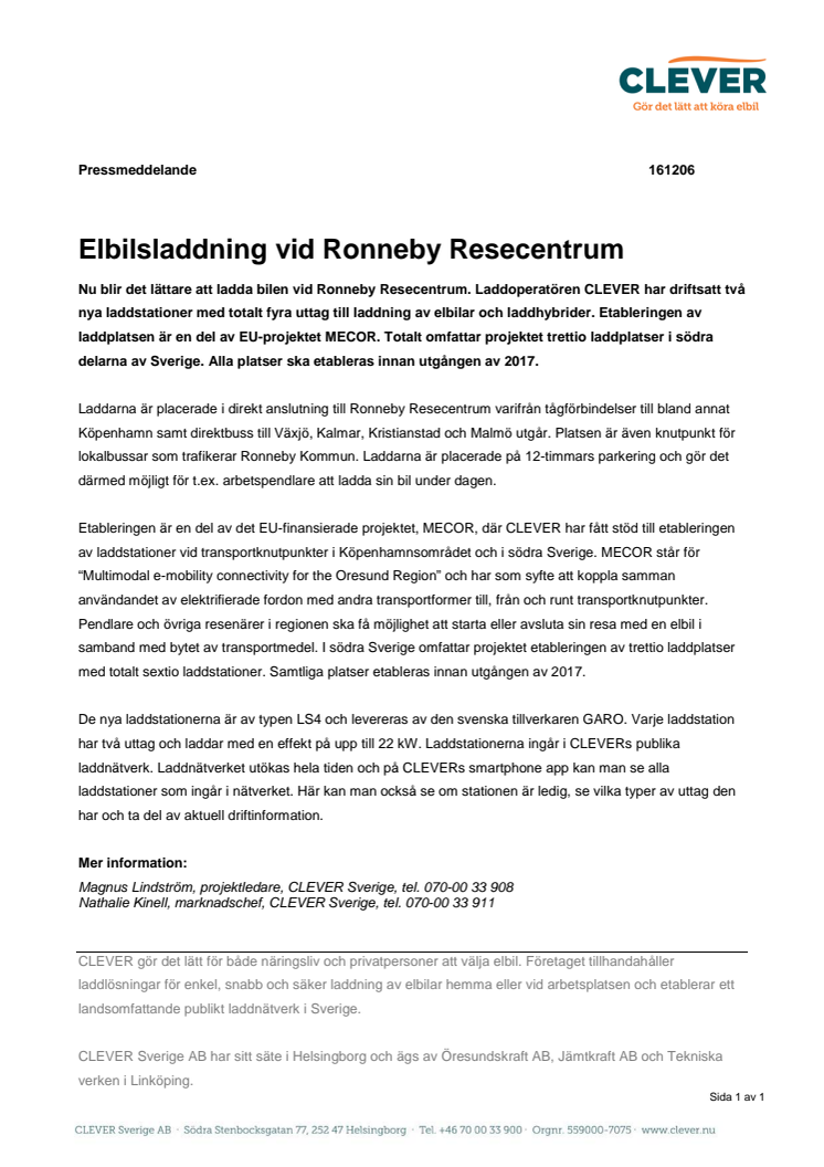 Elbilsladdning vid Ronneby Resecentrum