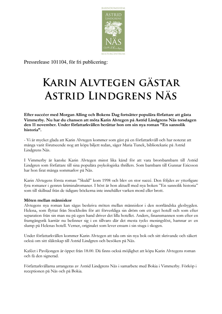 Karin Alvtegen gästar Astrid Lindgrens Näs