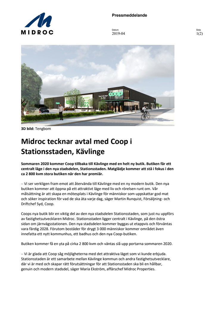 Midroc tecknar avtal med Coop i Stationsstaden, Kävlinge