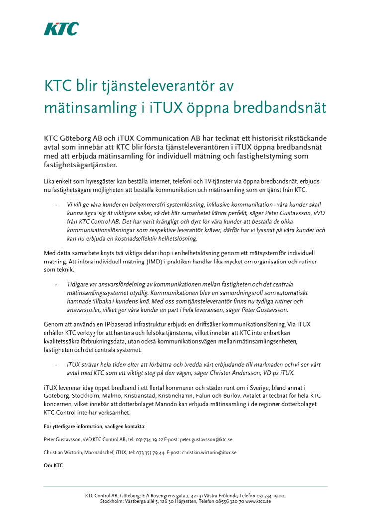 KTC blir tjänsteleverantör av mätinsamling i iTUX öppna bredbandsnät