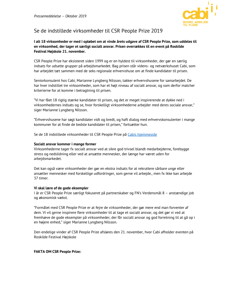 Se de indstillede virksomheder til CSR People Prize 2019