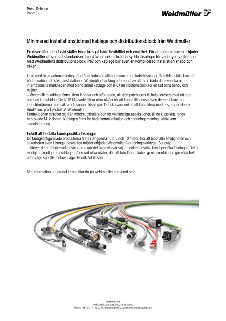 Minimerad installationstid med kablage och IP67 distributionsblock från Weidmüller