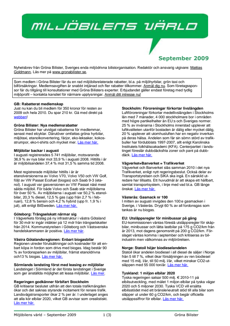 Gröna Bilisters nyhetsbrev för september 2009