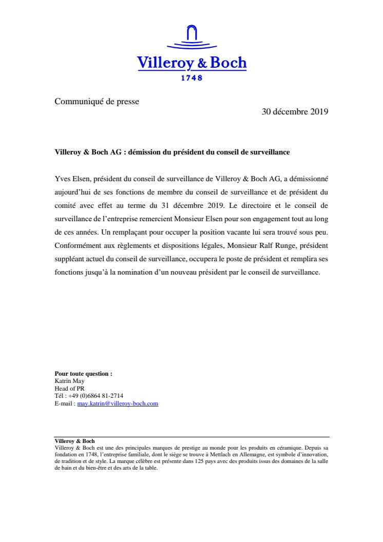 Villeroy & Boch AG : démission du président du conseil de surveillance  