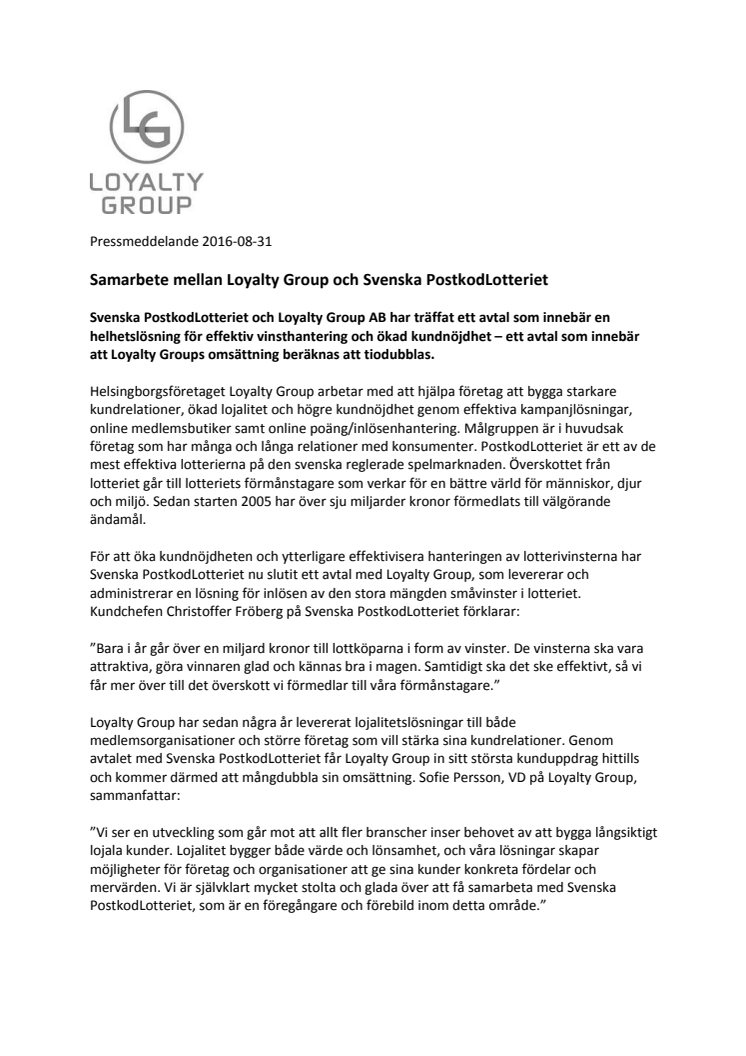 Samarbete mellan Loyalty Group och Svenska PostkodLotteriet