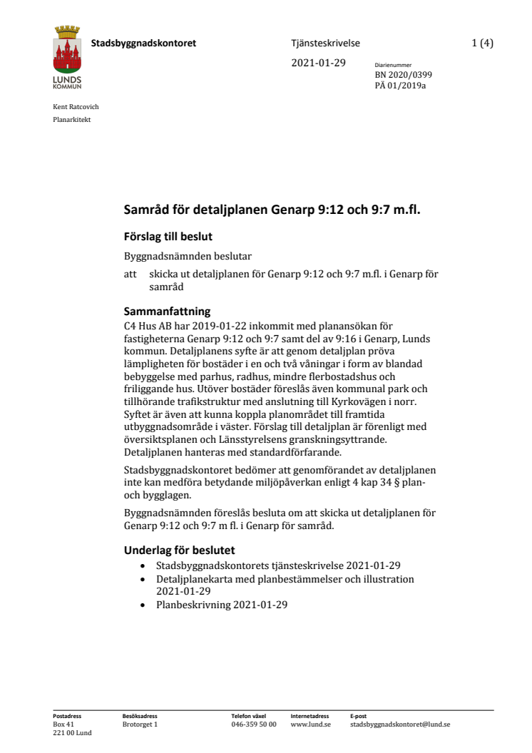 Tjänsteskrivelse för Genarp 9-12