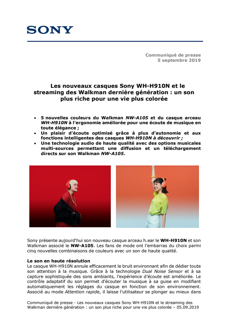 Les nouveaux casques Sony WH-H910N et le streaming des Walkman dernière génération : un son plus riche pour une vie plus colorée