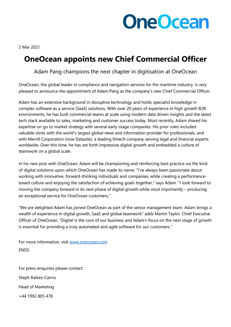 OneOcean appoints new Chief Commercial Officer