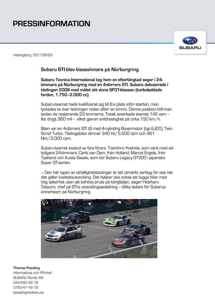Subaru STI blev klassvinnare på Nürburgring