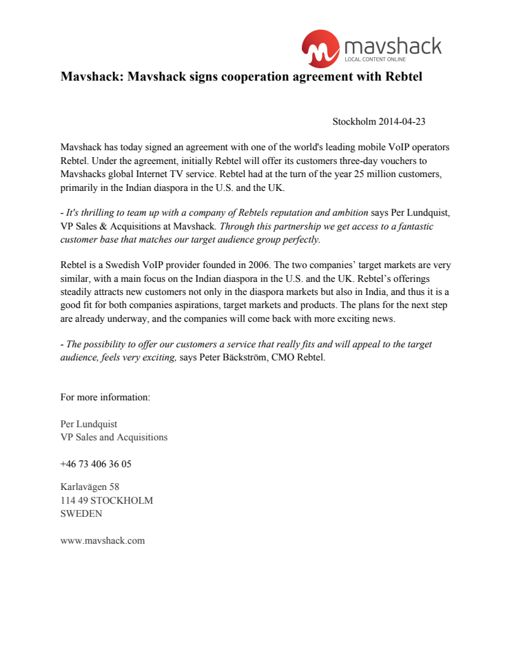 Mavshack: Mavshack signs cooperation agreement with Rebtel