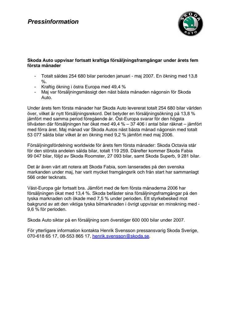 Skoda Auto uppvisar fortsatt kraftiga försäljningsframgångar under årets fem första månader