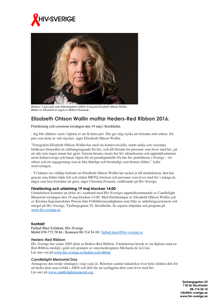 Elisabeth Ohlson Wallin mottar Heders-Red Ribbon 2016.