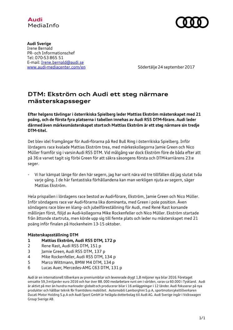 DTM: Ekström och Audi ett steg närmare mästerskapsseger