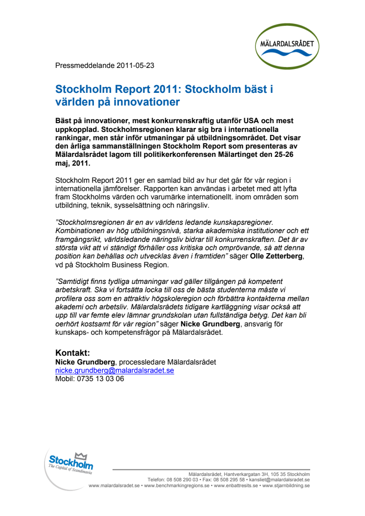 Stockholm Report 2011: Stockholm bäst i världen på innovationer
