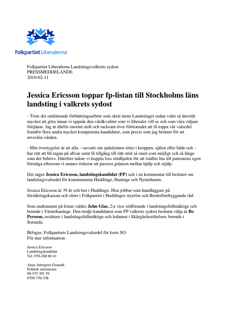 Jessica Ericsson toppar fp-listan till Stockholms läns landsting i valkrets sydost