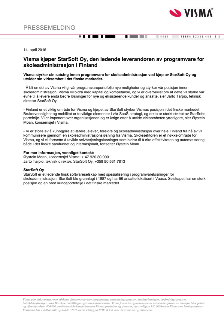 ​Visma kjøper StarSoft Oy, den ledende leverandøren av programvare for skoleadministrasjon i Finland