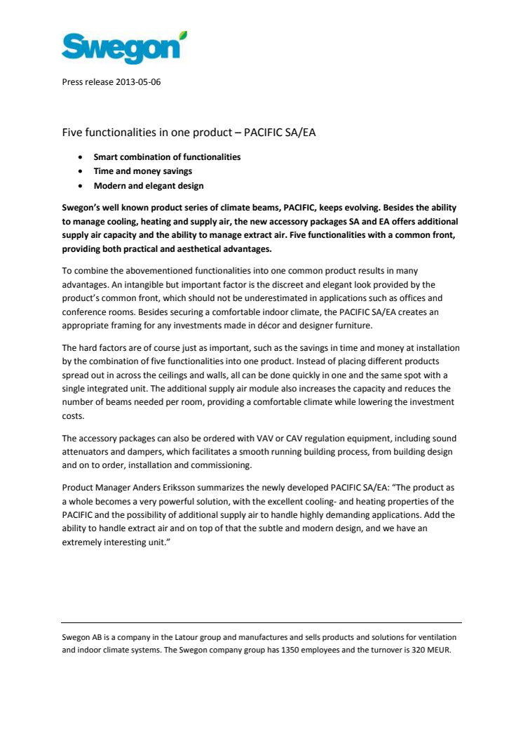 Five functionalities in one product – PACIFIC SA/EA
